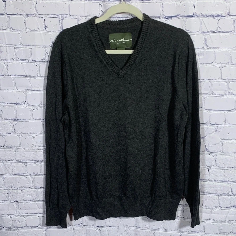 Eddie Bauer Mens Cashmere Blend V-Neck Pullover Sweater Gray Size L Preppy